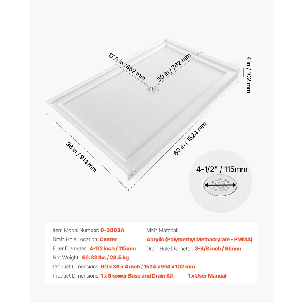 VEVOR Shower Pan, 60″ L x 36″ W Single Threshold Shower Base, Rectangle Acrylic & PVC Showering Base in White, Slip-Resistant Showering Pan Bases with Drain & Cover for Bathroom, Center Drain Location