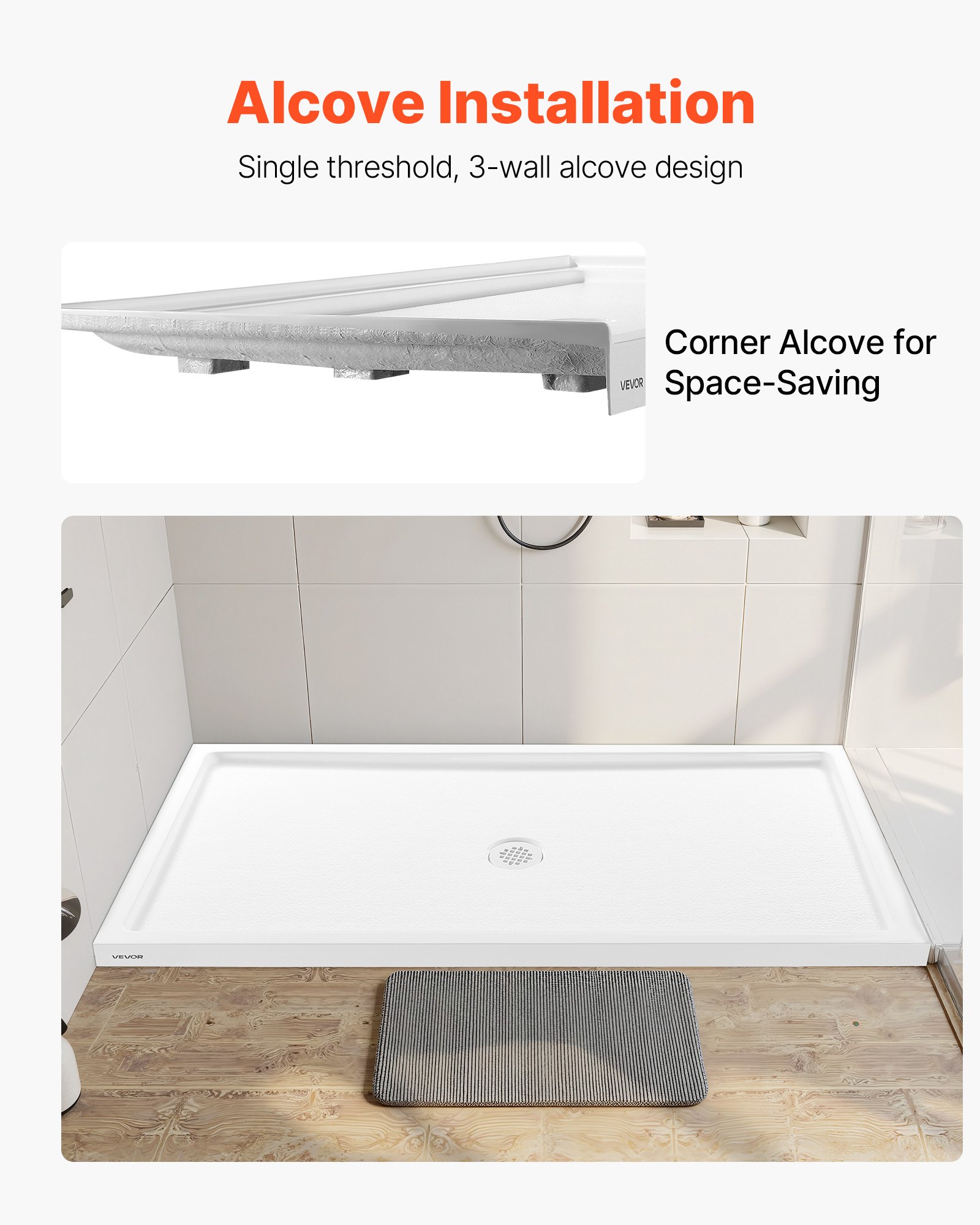 VEVOR Shower Pan, 60″ L x 36″ W Single Threshold Shower Base, Rectangle Acrylic & PVC Showering Base in White, Slip-Resistant Showering Pan Bases with Drain & Cover for Bathroom, Center Drain Location