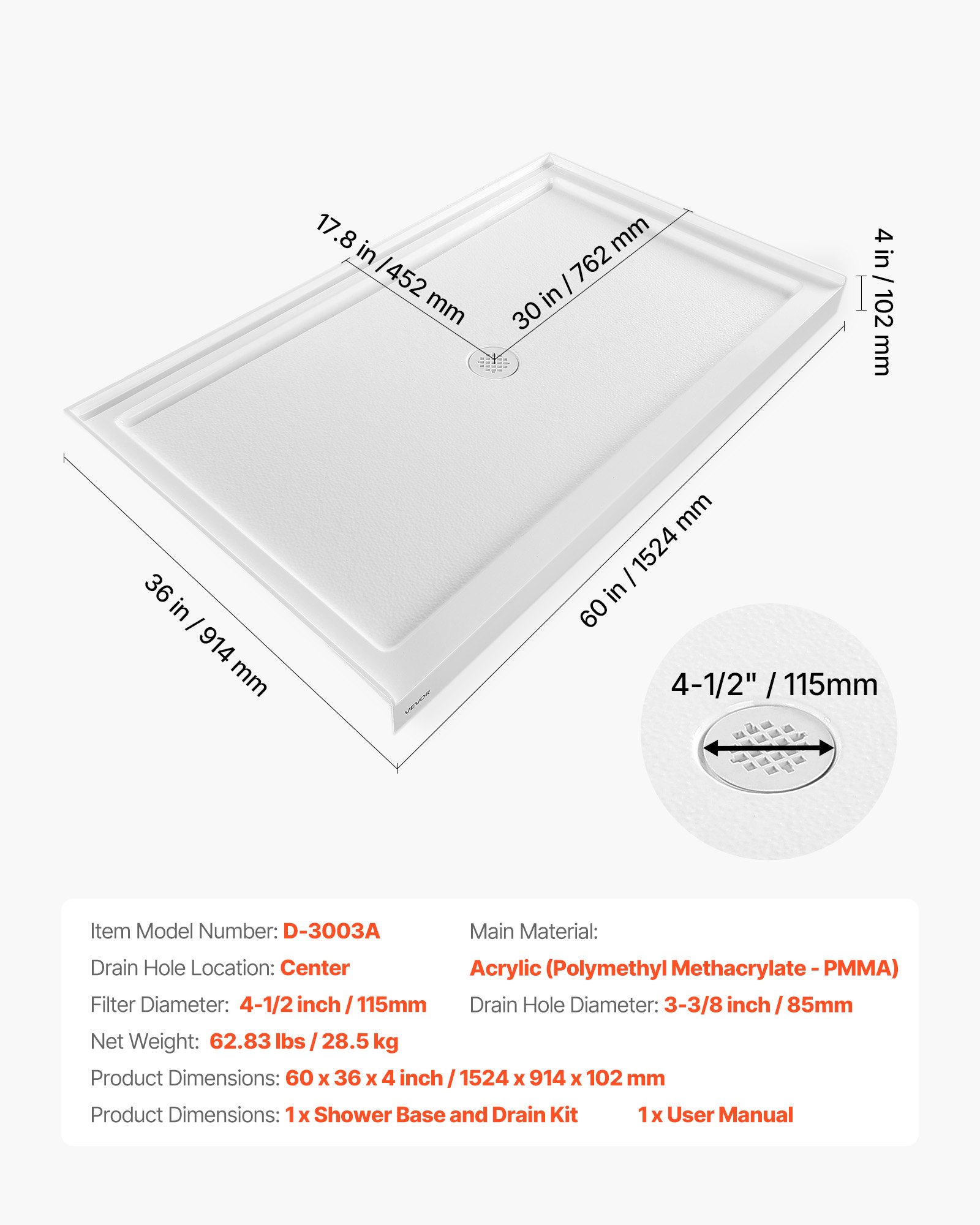 VEVOR Shower Pan, 60″ L x 36″ W Single Threshold Shower Base, Rectangle Acrylic & PVC Showering Base in White, Slip-Resistant Showering Pan Bases with Drain & Cover for Bathroom, Center Drain Location
