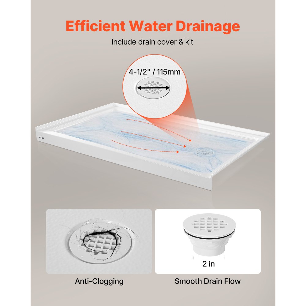 VEVOR Shower Pan, 60″ L x 36″ W Single Threshold Shower Base, Rectangle Acrylic & PVC Showering Base in White, Slip-Resistant Showering Pan Bases with Drain & Cover for Bathroom, Right Drain Location