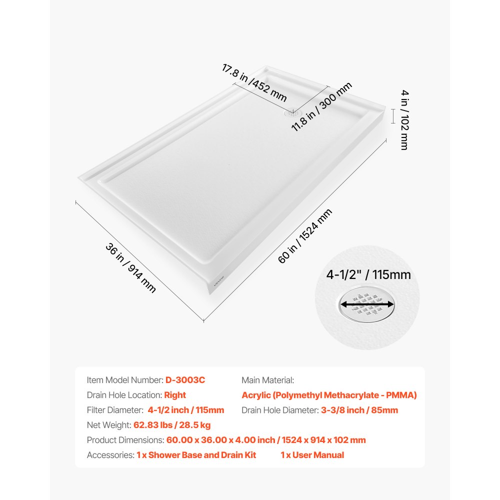 VEVOR Shower Pan, 60″ L x 36″ W Single Threshold Shower Base, Rectangle Acrylic & PVC Showering Base in White, Slip-Resistant Showering Pan Bases with Drain & Cover for Bathroom, Right Drain Location