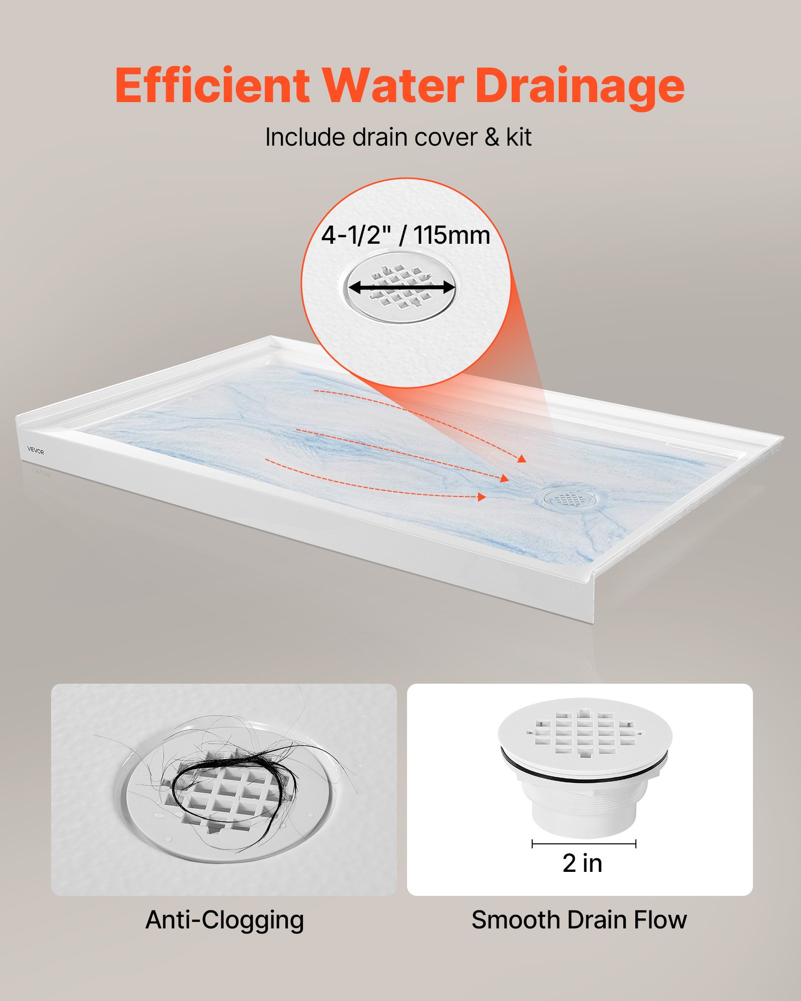 VEVOR Shower Pan, 60″ L x 36″ W Single Threshold Shower Base, Rectangle Acrylic & PVC Showering Base in White, Slip-Resistant Showering Pan Bases with Drain & Cover for Bathroom, Right Drain Location