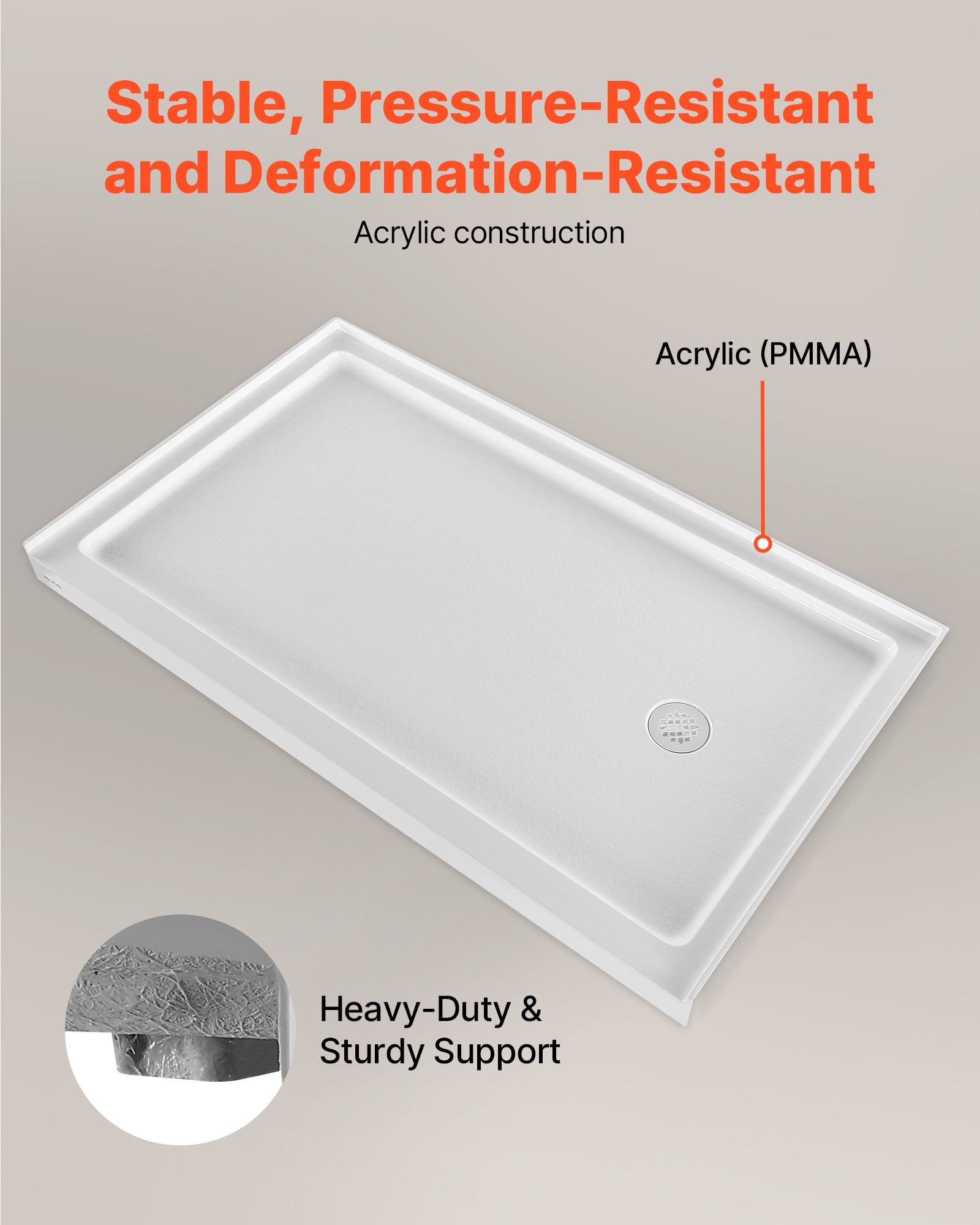 VEVOR Shower Pan, 60″ L x 36″ W Single Threshold Shower Base, Rectangle Acrylic & PVC Showering Base in White, Slip-Resistant Showering Pan Bases with Drain & Cover for Bathroom, Right Drain Location