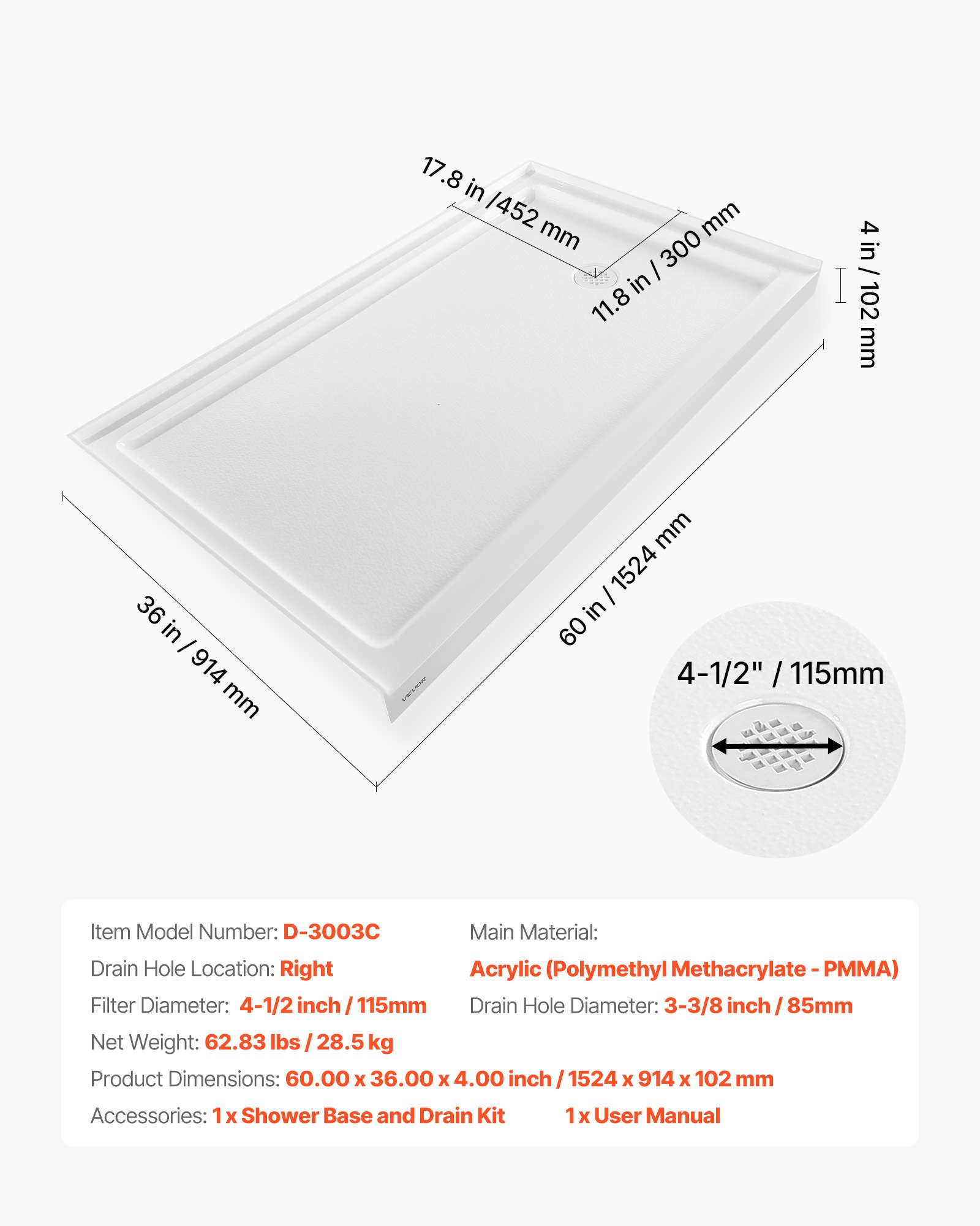 VEVOR Shower Pan, 60″ L x 36″ W Single Threshold Shower Base, Rectangle Acrylic & PVC Showering Base in White, Slip-Resistant Showering Pan Bases with Drain & Cover for Bathroom, Right Drain Location