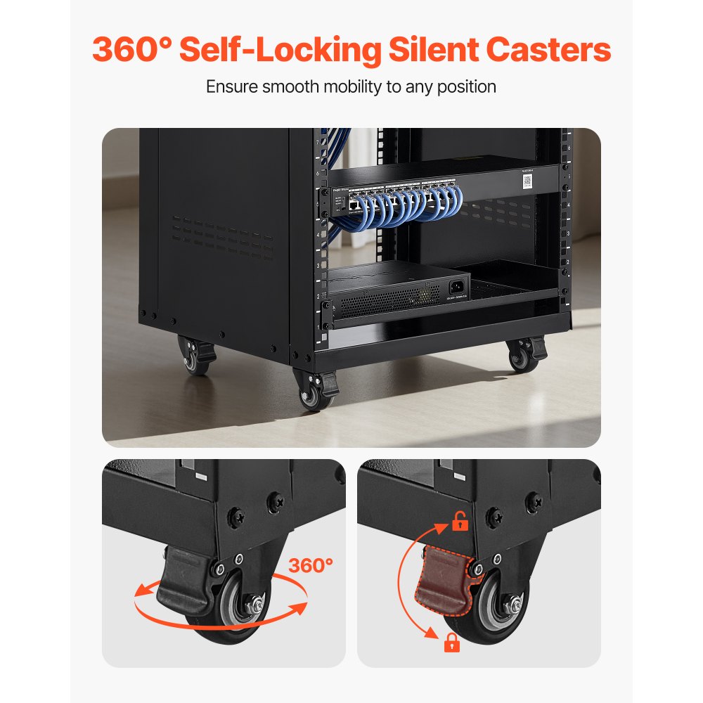 VEVOR 16U AV Rack, 90.7 kg Max Load Capacity, Home Recording Studio Rack with Lockable Caster Wheels, Open Frame Server Cabinet, Special Vent Design, for Audio Video Musical & IT Equipment Mounting