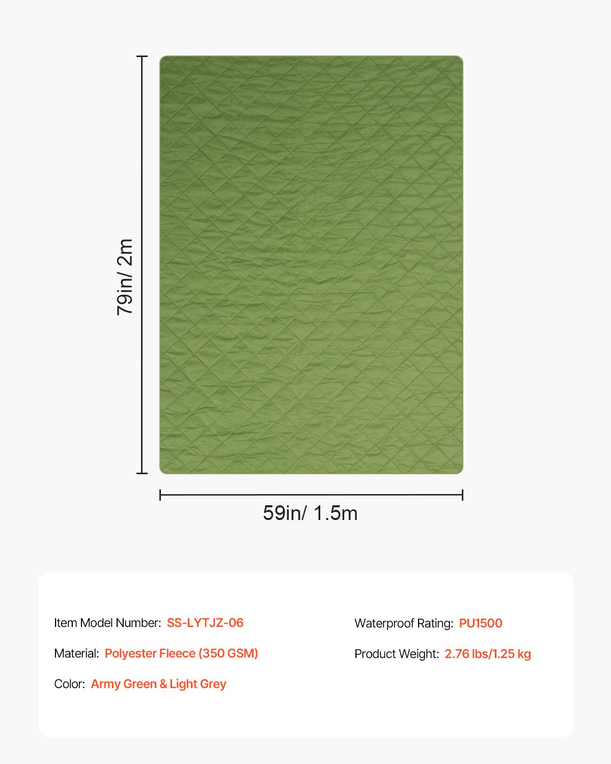 VEVOR Camping Blanket, Large Warm Stadium Blanket, Waterproof & Windproof, 330GSM Polyester Fleece, Flame Retardant, Great for Outdoors, Picnics, Hiking, Sports Events, Travel, 2.08 m x 1.4 m