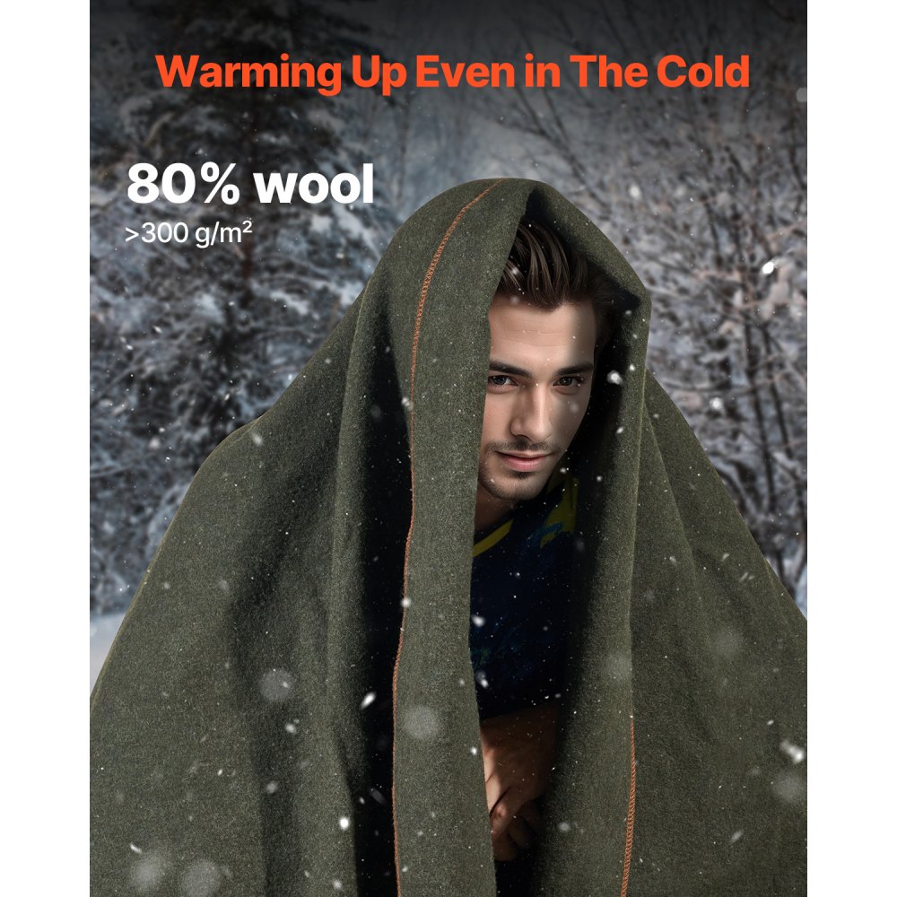 VEVOR Wool Camping Blanket, Large Warm Stadium Blanket, Waterproof & Windproof, Flame Retardant, Great for Outdoors, Picnics, Hiking, Sports Events, Travel, 64" x 88" (80% Wool), Army Green