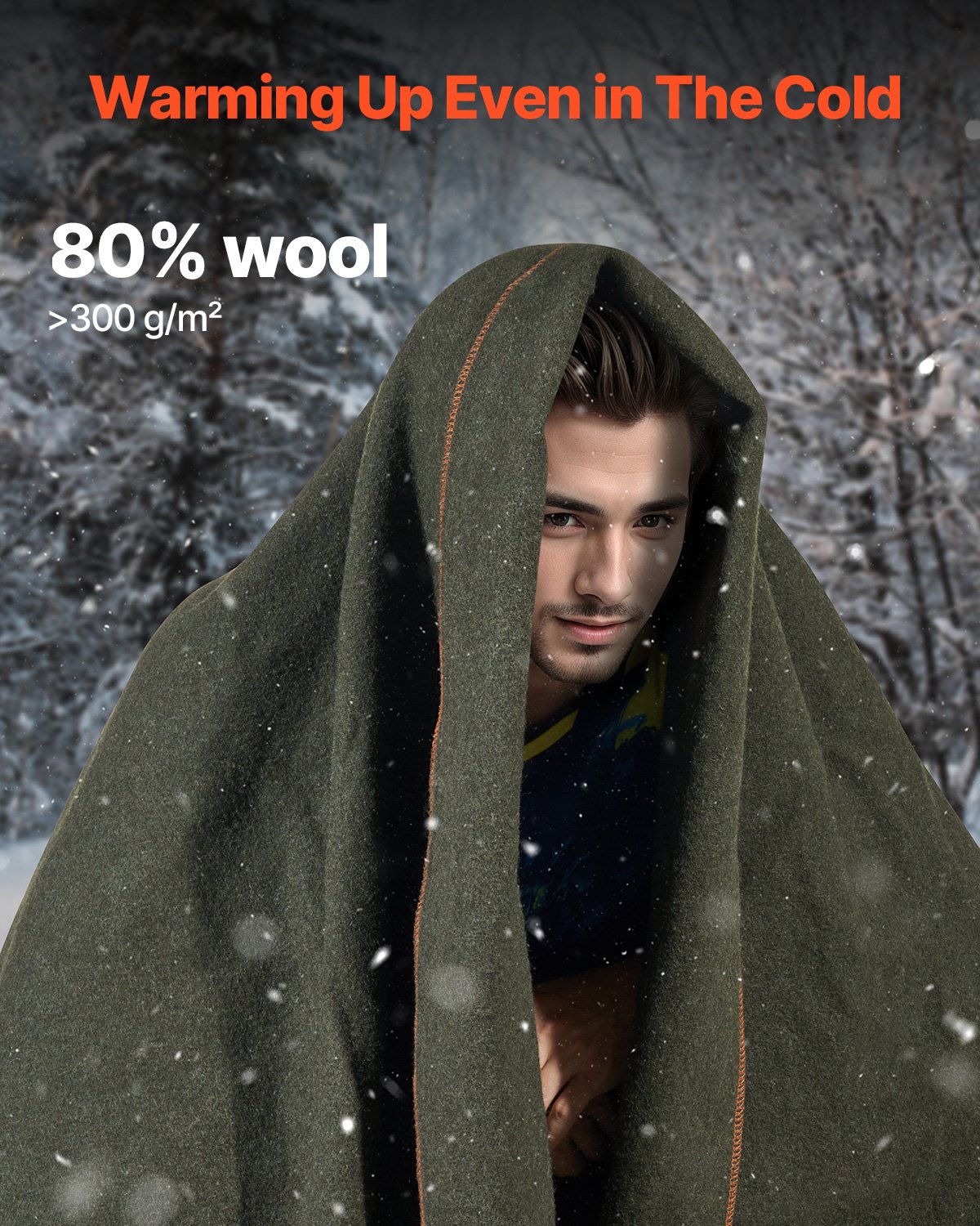 VEVOR Wool Camping Blanket, Large Warm Stadium Blanket, Waterproof & Windproof, Flame Retardant, Great for Outdoors, Picnics, Hiking, Sports Events, Travel, 1.62 m x 2.23 m (80% Wool), Army Green