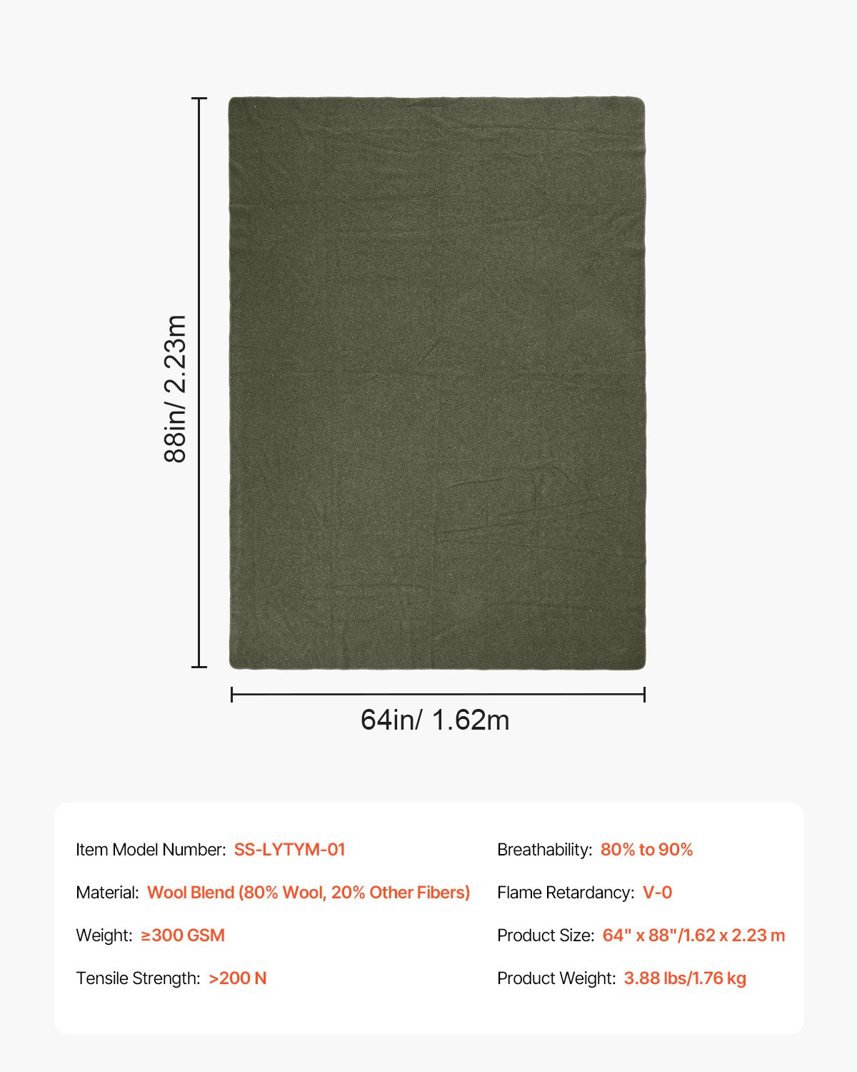 VEVOR Wool Camping Blanket, Large Warm Stadium Blanket, Waterproof & Windproof, Flame Retardant, Great for Outdoors, Picnics, Hiking, Sports Events, Travel, 64" x 88" (80% Wool), Army Green