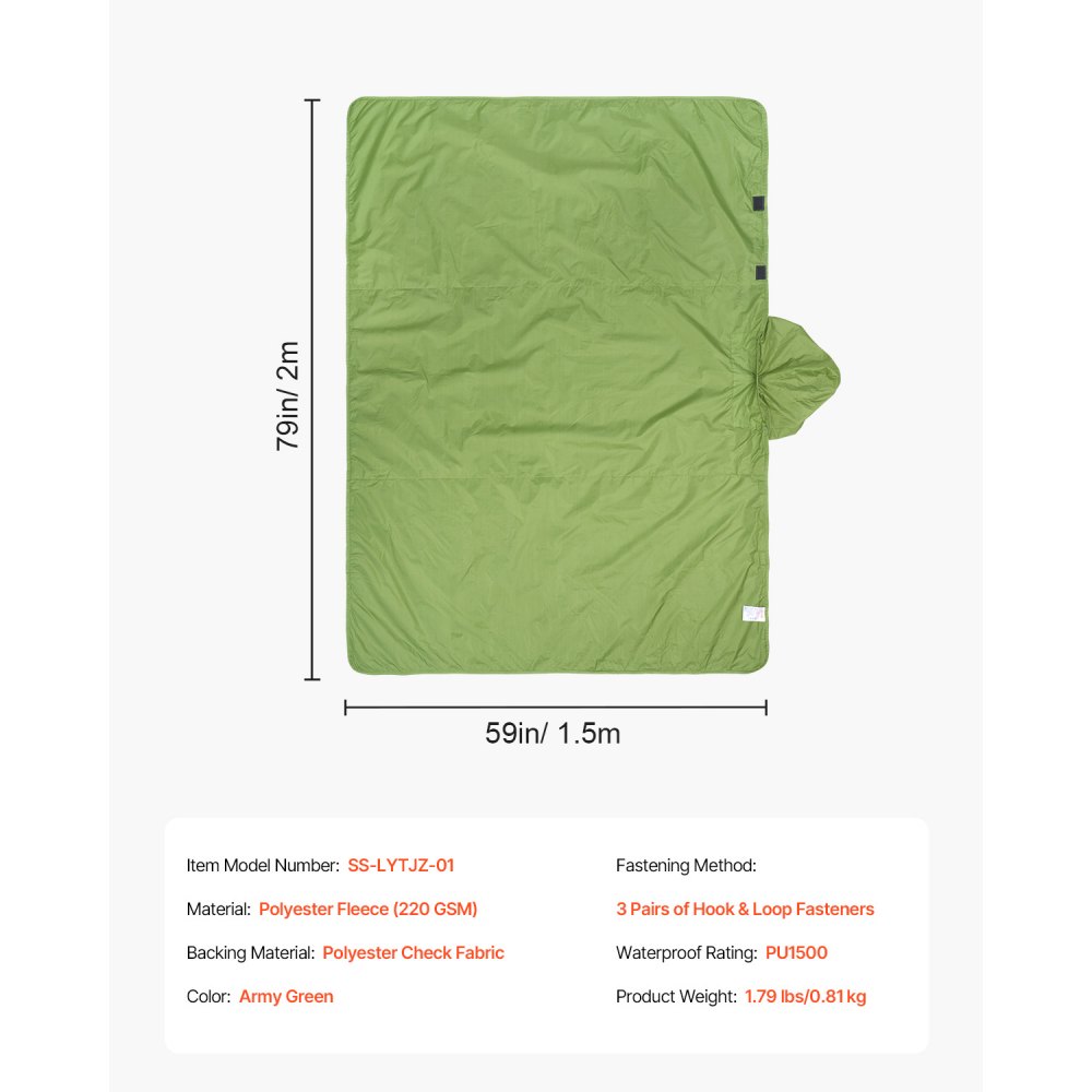 VEVOR Camping Blanket 2x1,5m (79" x 59") Wearable Warm Stadium Blanket Outdoor Light Green