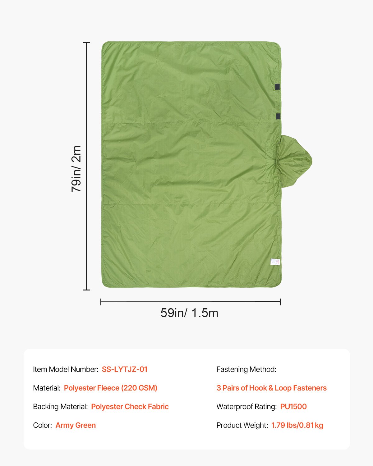 VEVOR Camping Blanket 2x1,5m (79" x 59") Wearable Warm Stadium Blanket Outdoor Light Green