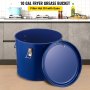 VEVOR fryer grease bucket, 10-gallon blue bucket with a handle and lid in a kitchen.