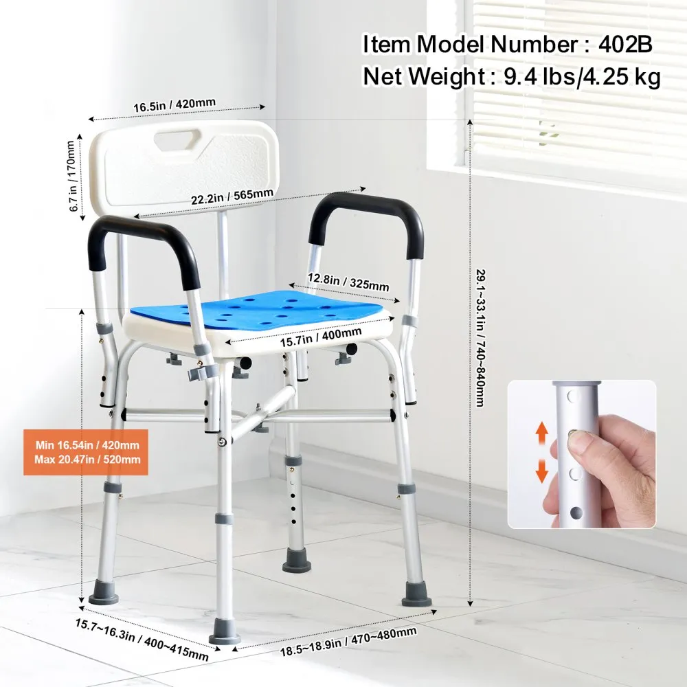 VEVOR Shower Chair Seat with Padded Arms and Back, Shower Stool with Reinforced Crossbar, Shower Chair for Inside Shower Bathtub, Adjustable Height Bench Bath Chair for Elderly Disabled, 400 lbs