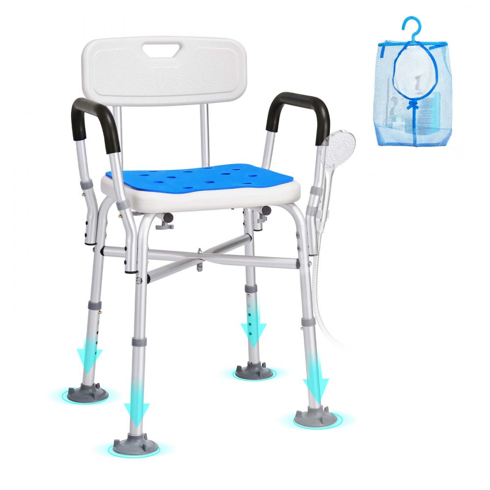 VEVOR Shower Chair Seat with Padded Armrests and Back, Shower Stool with Crossing Bar, Shower Chair for Inside Shower Bathtub, Adjustable Height Bench Bath Chair for Elderly Disabled, 400 lbs Capacity