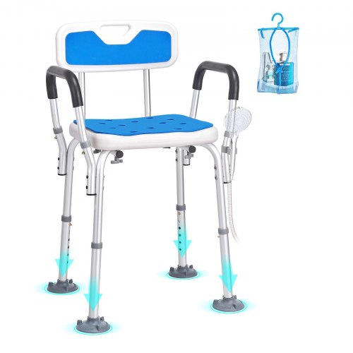 VEVOR Shower Chair Seat with Padded Armrests and Back, Shower Stool with Suction Feet, Shower Chair for Inside Shower Bathtub, Adjustable Height Bench Bath Chair for Elderly Disabled, 400 lbs Capacity