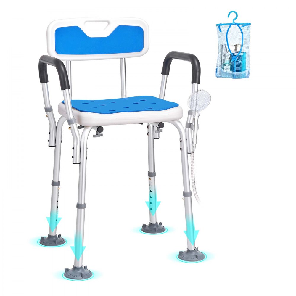 VEVOR shower chair with padded seat, backrest, adjustable legs, and a hanging toiletry bag.