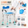 VEVOR shower chair with anti-slip armrests, drain holes, suction feet, and rubber feet on bathroom floor.