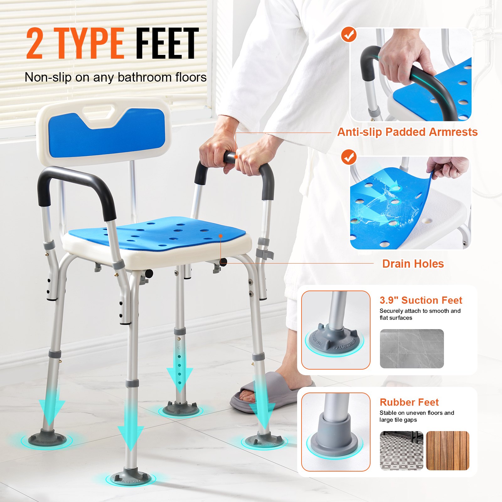 VEVOR Shower Chair Seat with Padded Armrests and Back, Shower Stool with Suction Feet, Shower Chair for Inside Shower Bathtub, Adjustable Height Bench Bath Chair for Elderly Disabled, 181.4kg Capacity