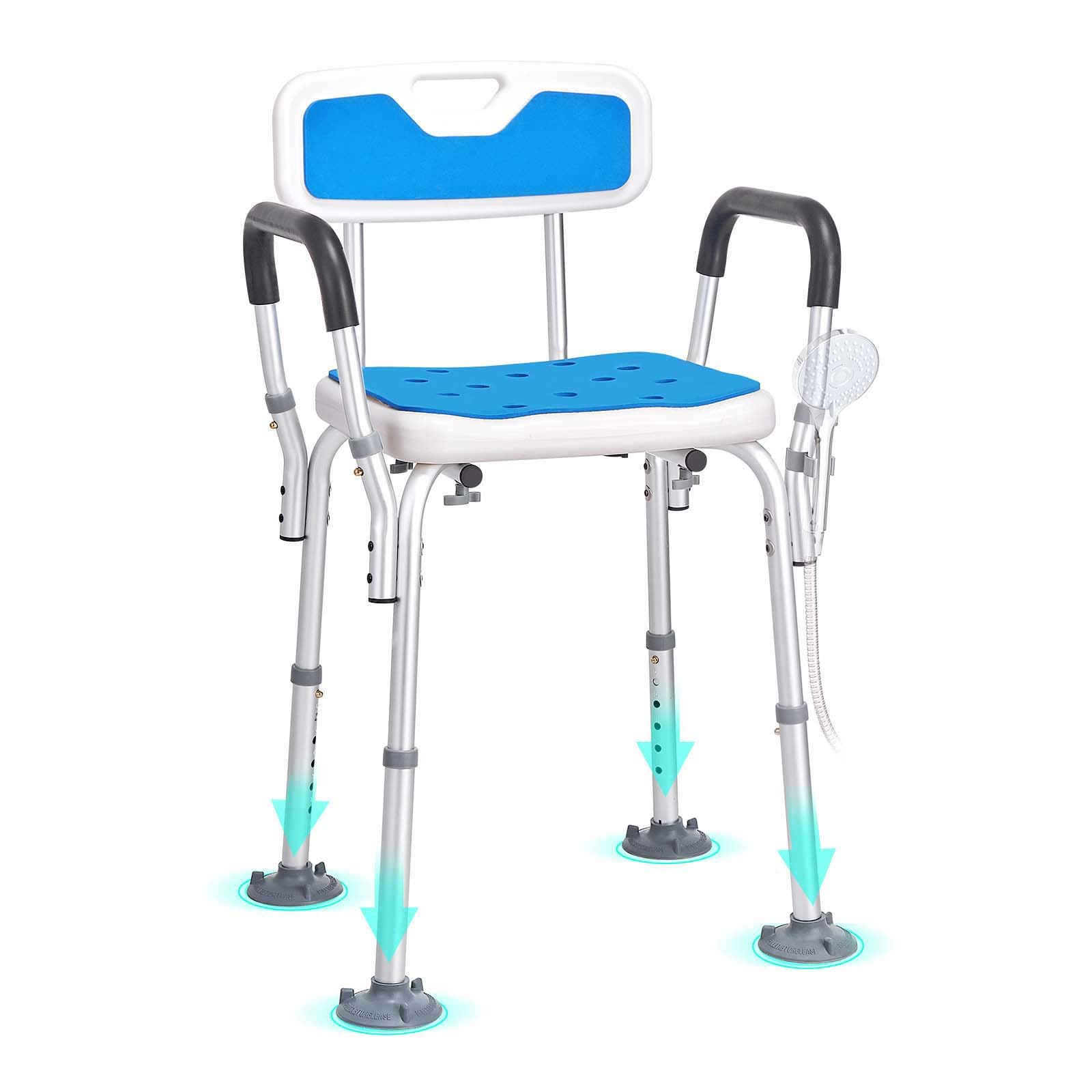 VEVOR Shower Chair Seat with Padded Armrests and Back, Shower Stool with Suction Feet, Shower Chair for Inside Shower Bathtub, Adjustable Height Bench Bath Chair for Elderly Disabled, 181.4kg Capacity