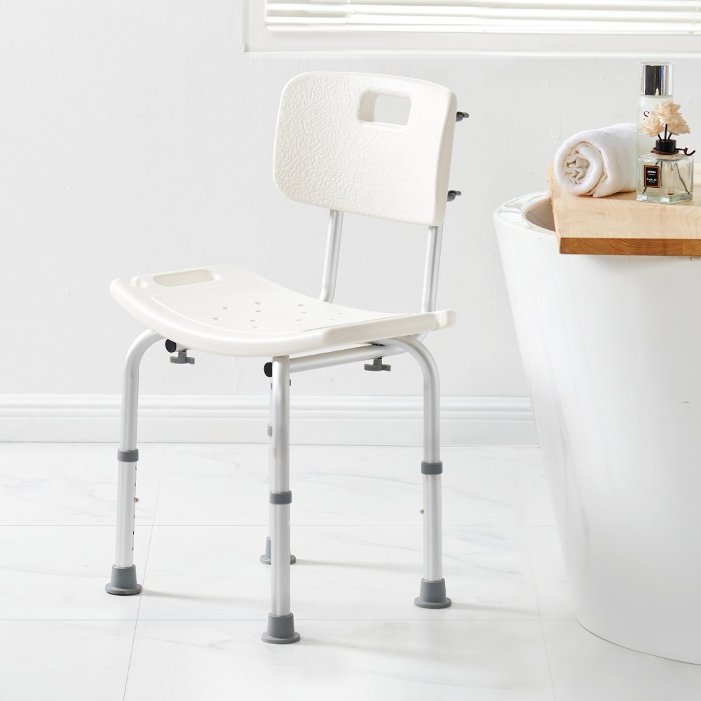 VEVOR shower chair with backrest in white bathroom setting next to bathtub.