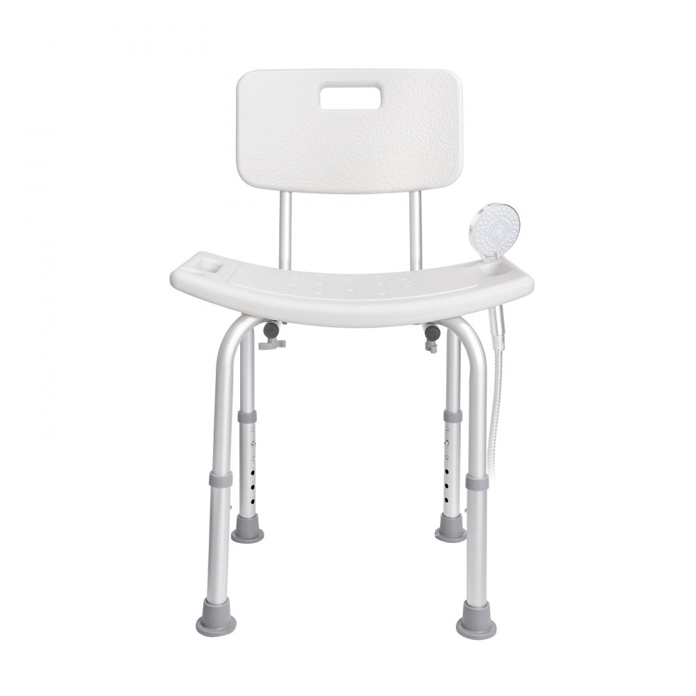 VEVOR shower chair with backrest, adjustable legs, and detachable handheld showerhead.