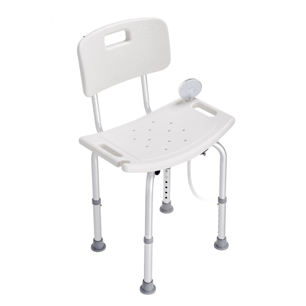 white VEVOR shower chair with adjustable aluminum legs, backrest, and drainage holes.