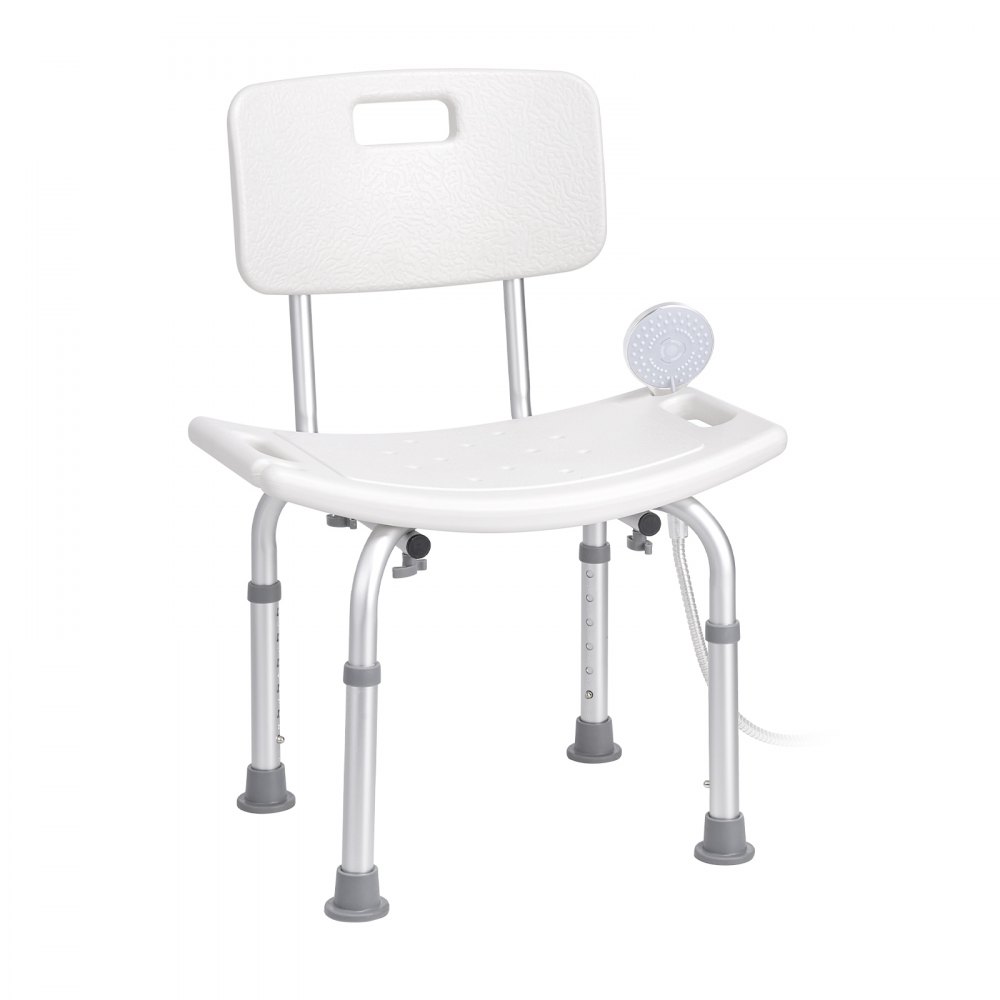 VEVOR shower chair with backrest, adjustable legs, and attached handheld showerhead.