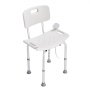 white VEVOR shower chair with adjustable aluminum legs, backrest, and drainage holes.