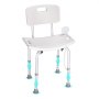 VEVOR shower chair featuring adjustable legs, non-slip bases, and a plastic seat with a backrest.