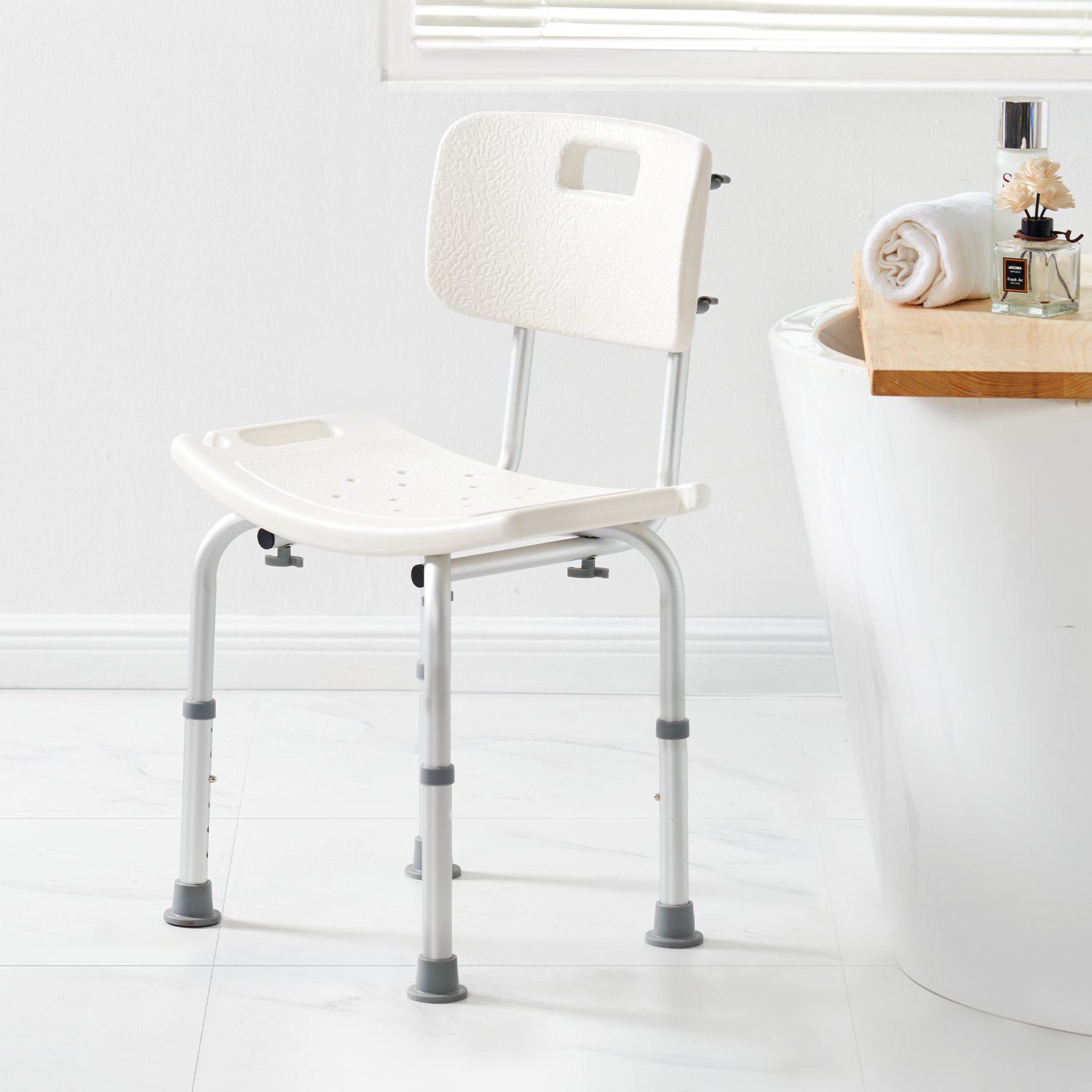 VEVOR shower chair with backrest in white bathroom setting next to bathtub.