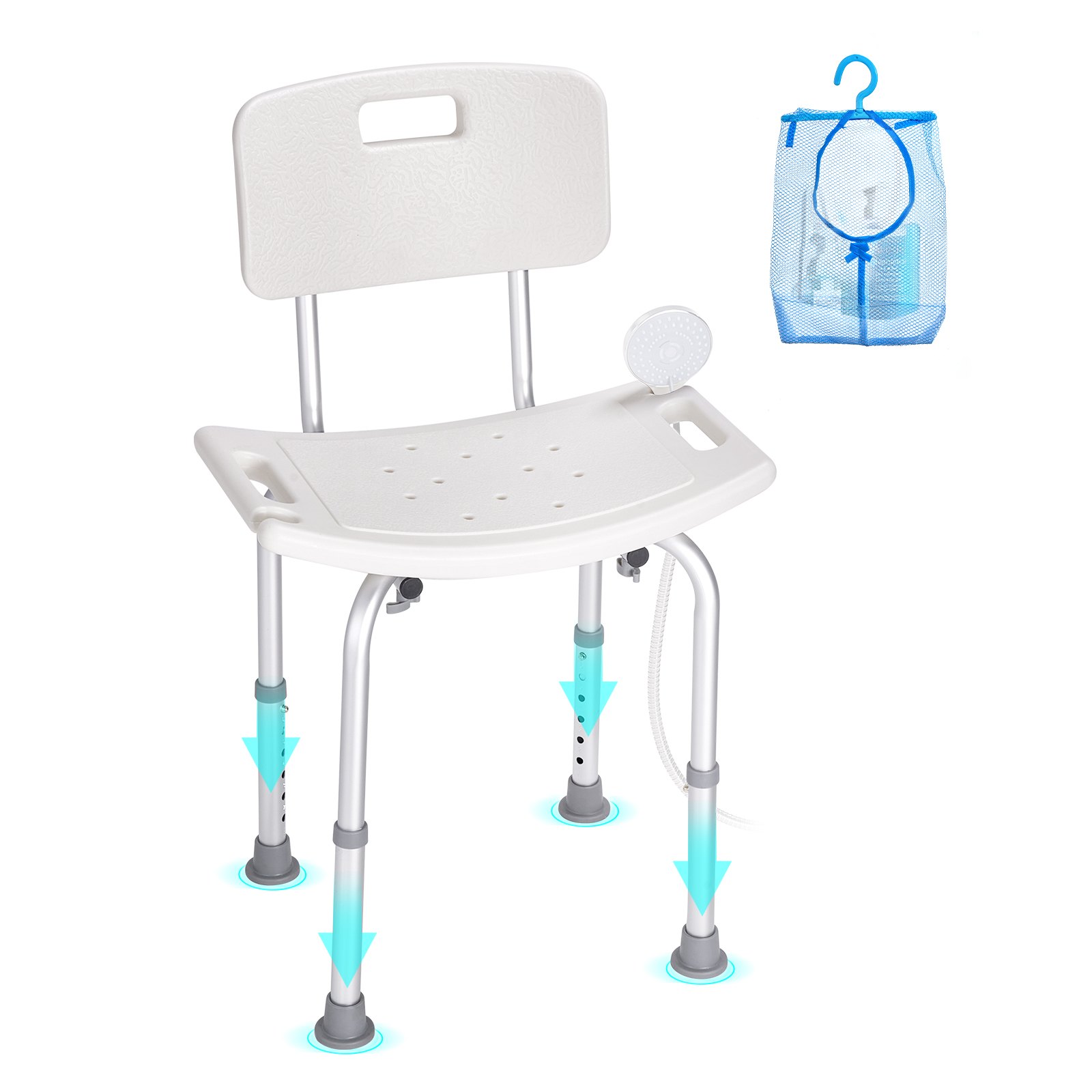 VEVOR shower chair with height-adjustable legs and a blue mesh storage bag.