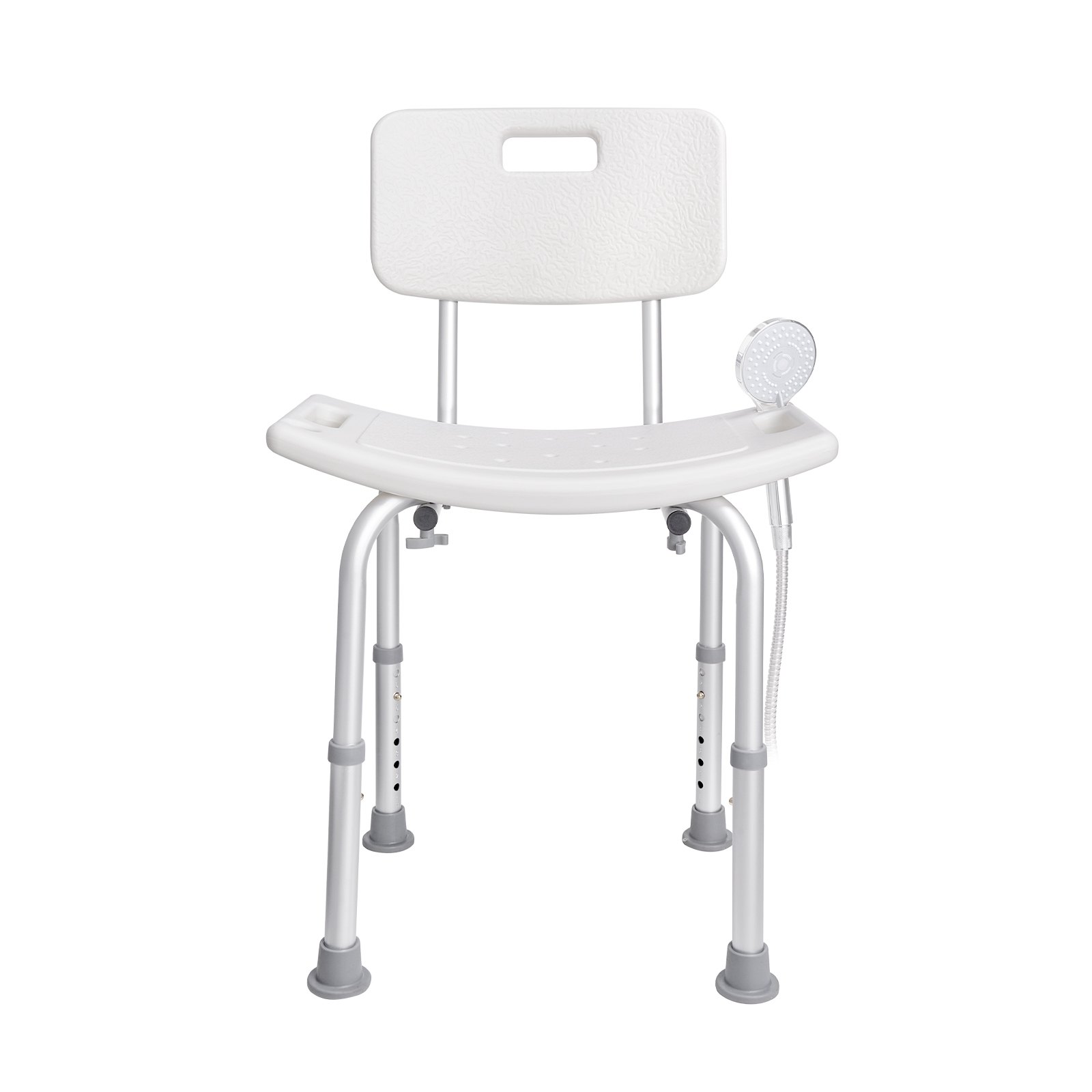 VEVOR shower chair with backrest, adjustable legs, and detachable handheld showerhead.