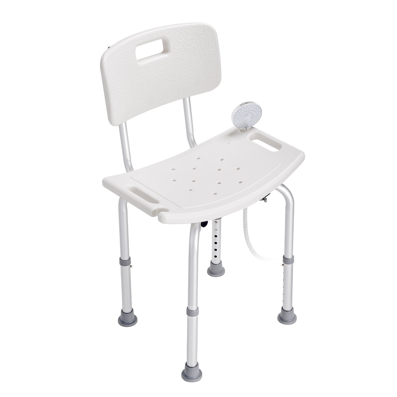 white VEVOR shower chair with adjustable aluminum legs, backrest, and drainage holes.