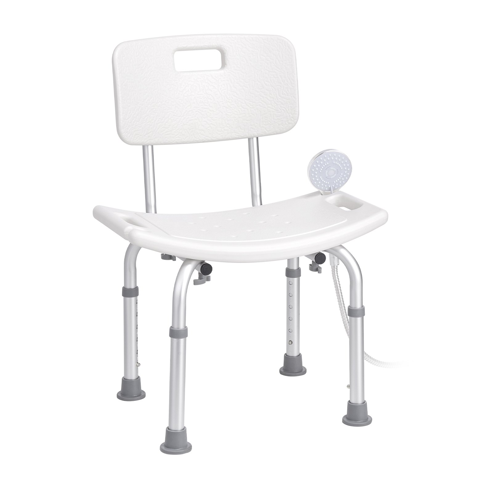 VEVOR shower chair with backrest, adjustable legs, and attached handheld showerhead.