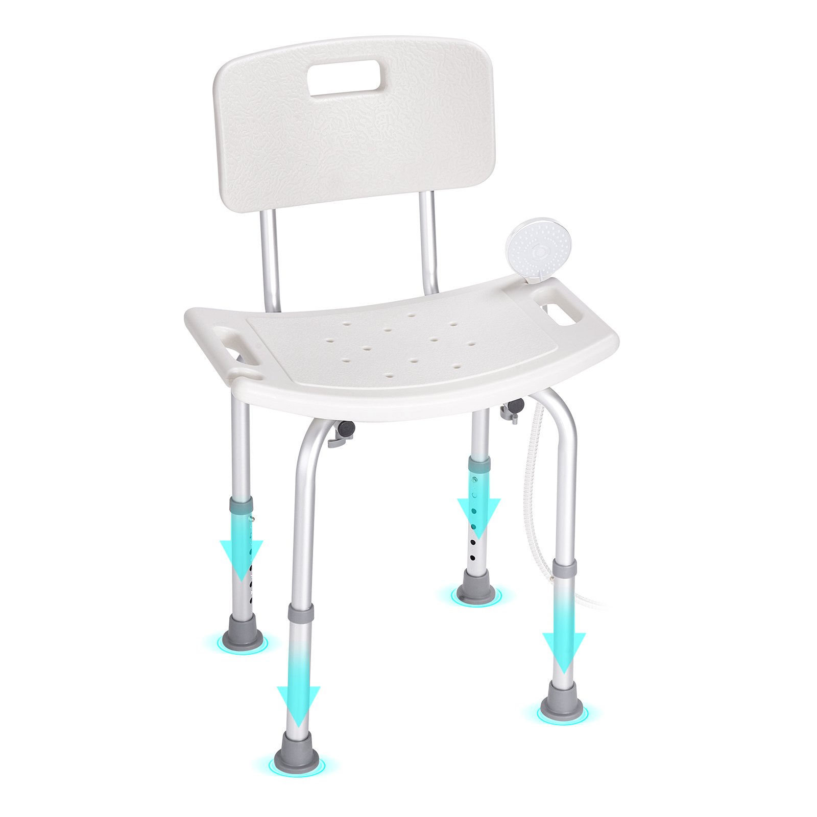 VEVOR shower chair featuring adjustable legs, non-slip bases, and a plastic seat with a backrest.