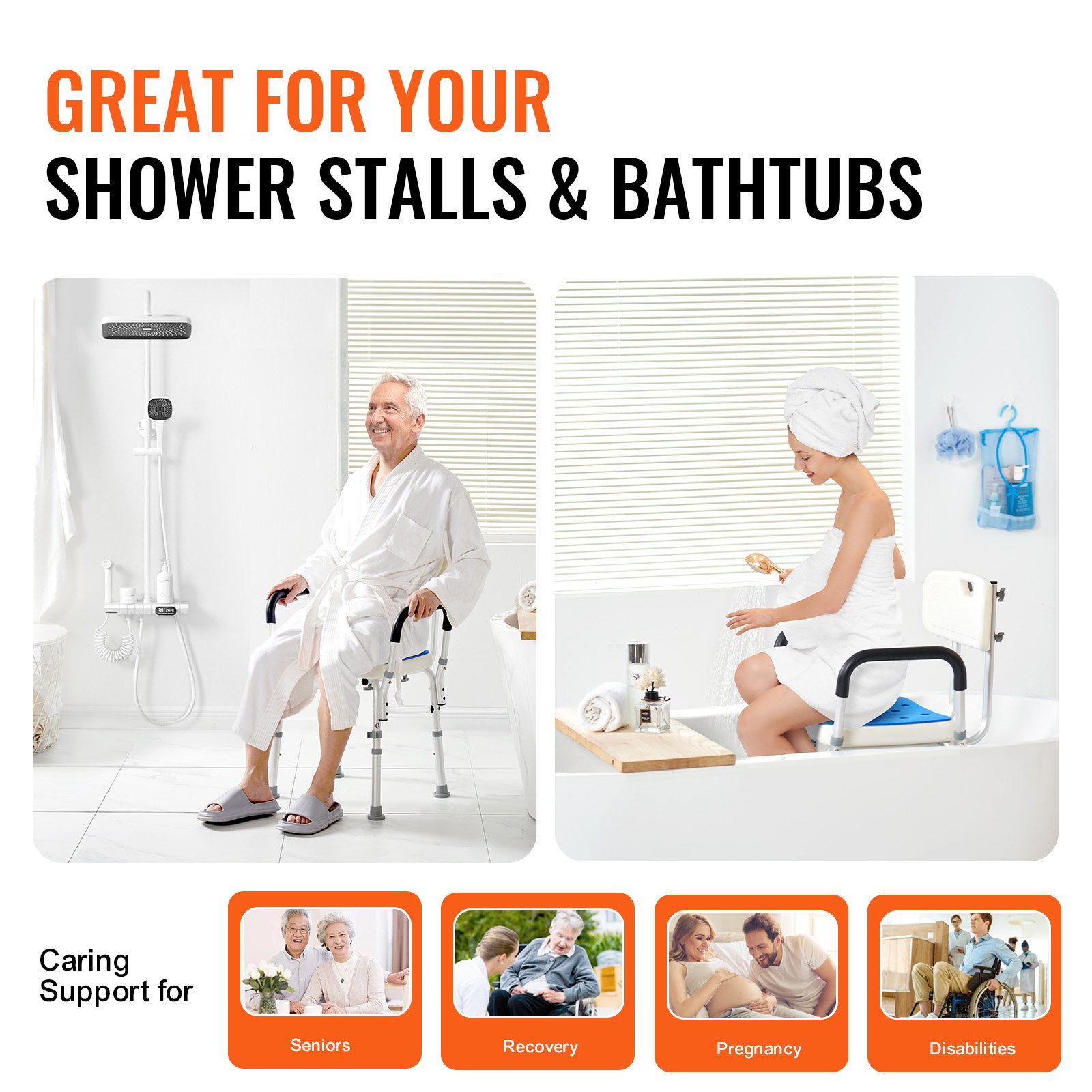 VEVOR Shower Chair, 400 lbs Capacity, Shower Seat with Back, Adjustable Height Shower Stool, Shower Chair for Inside Shower Bathtub, Non-slip Bathroom Bench Bath Chair for Elderly Disabled Handicap