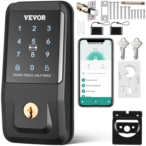 VEVOR Smart Lock, Keyless Entry Door Lock with Bluetooth App Control, Electronic Keypad, IC Card, Spare Keys, Smart Door Knob Keypad Deadbolt for Home, Apartment, Office, Hotel, Black