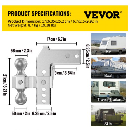 VEVOR Adjustable Trailer Hitch, Fits 2.5" Receiver, 6" Drop Ball Mount Hitch w/ Forged Aluminum Shank & Two Iron Balls, 12500 LBS Towing Capacity for Most Common Needs, Dual Locking Pins Included