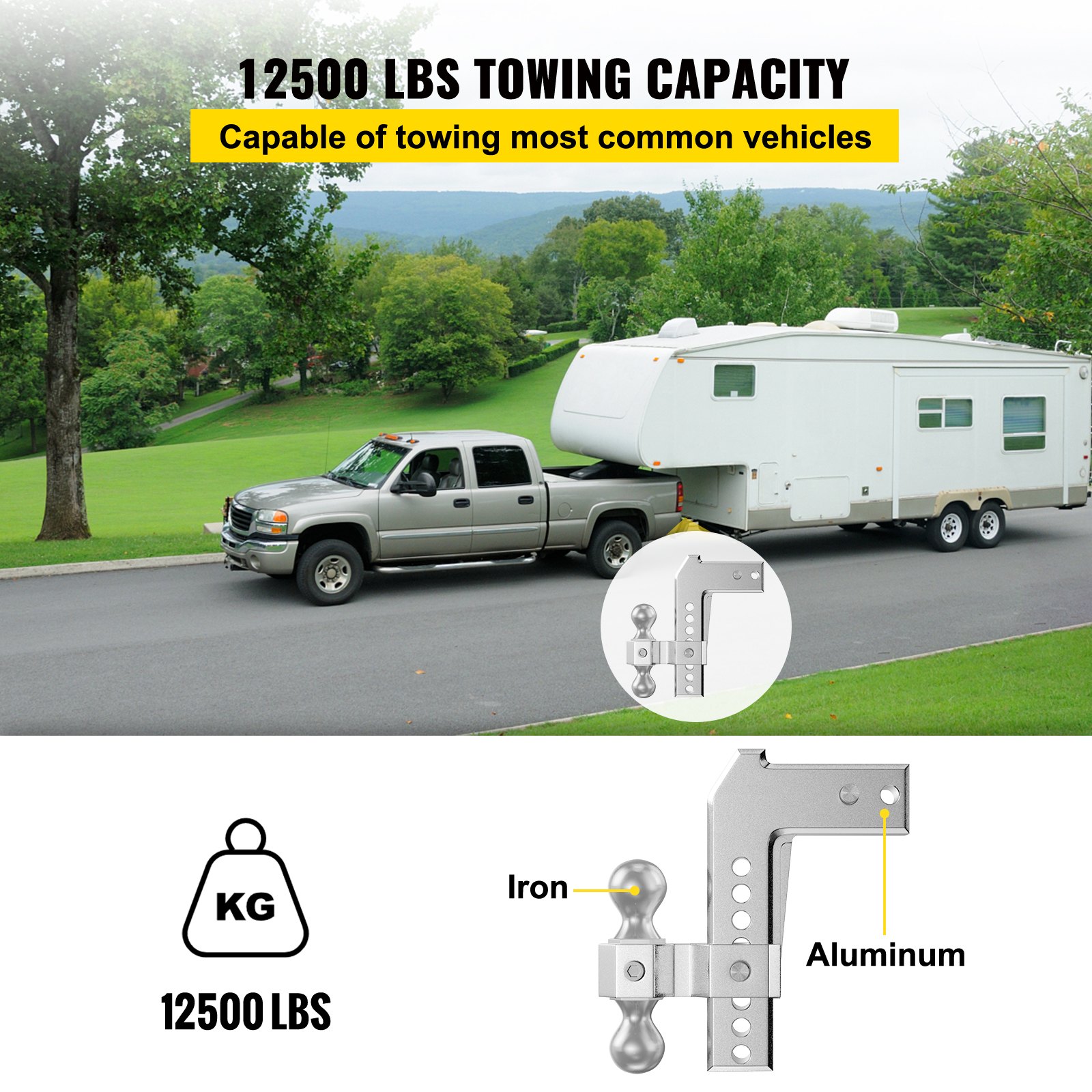 VEVOR Adjustable Trailer Hitch, Fits 2.5" Receiver, 8" Drop Ball Mount Hitch w/ Forged Aluminum Shank ＆ Two Iron Balls, 12500 LBS Towing Capacity for Most Common Needs, Dual Locking Pins Included