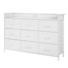 VEVOR LED White Dresser for Bedroom, Fabric Dresser with 9 Drawers, Closet Dresser with Power Outlet, 49.6Inch Fabric Drawer Dresser with Storage Bins, TV Stand Drawers for Bedroom, Entryway, Hallway
