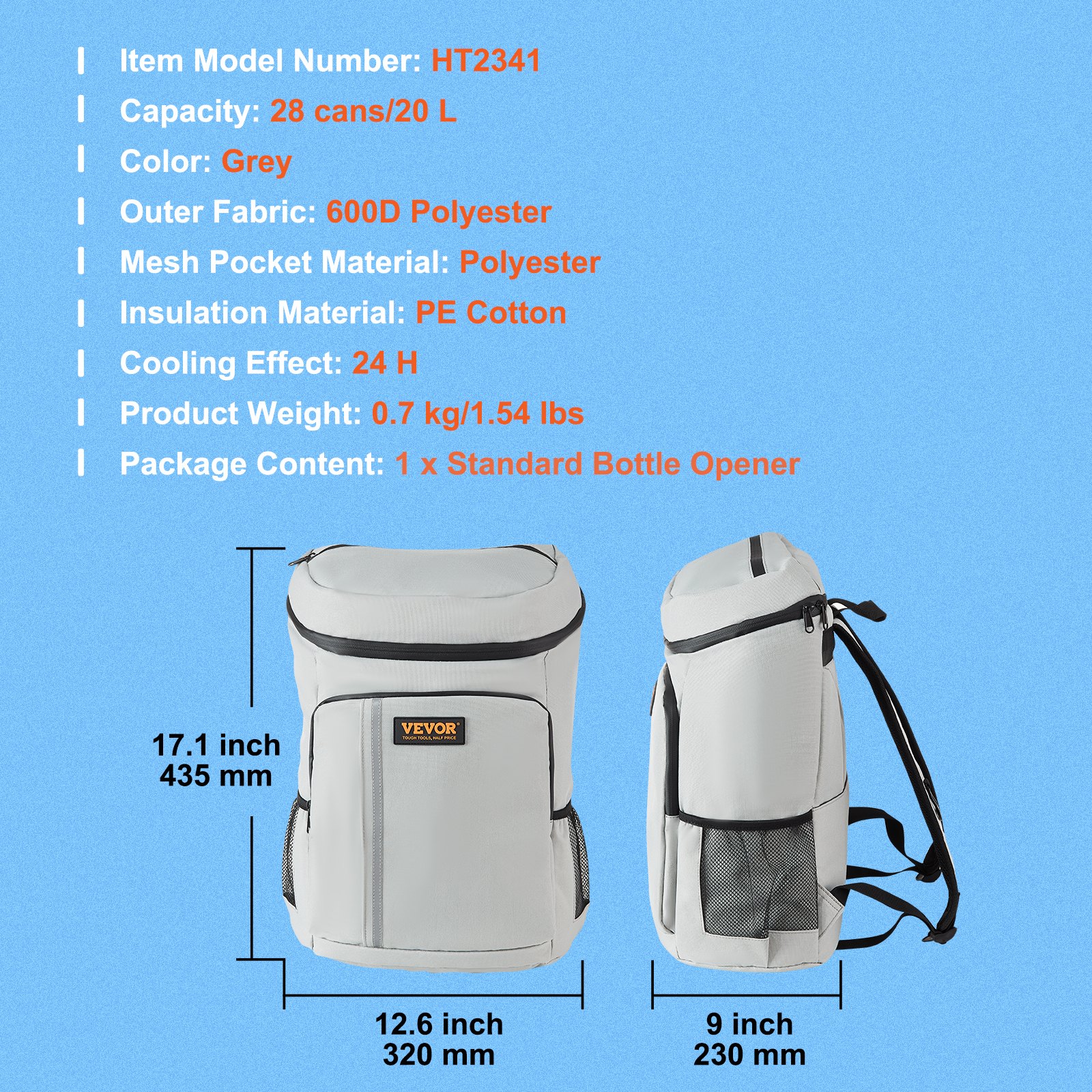 VEVOR Cooler Backpack, 28 Cans Backpack Cooler Leakproof, Waterproof Insulated Backpack Cooler, Lightweight Beach Cooler Bag with Shoulder Padding and Mesh Pocket for Hiking, Camping, BBQ, Grey
