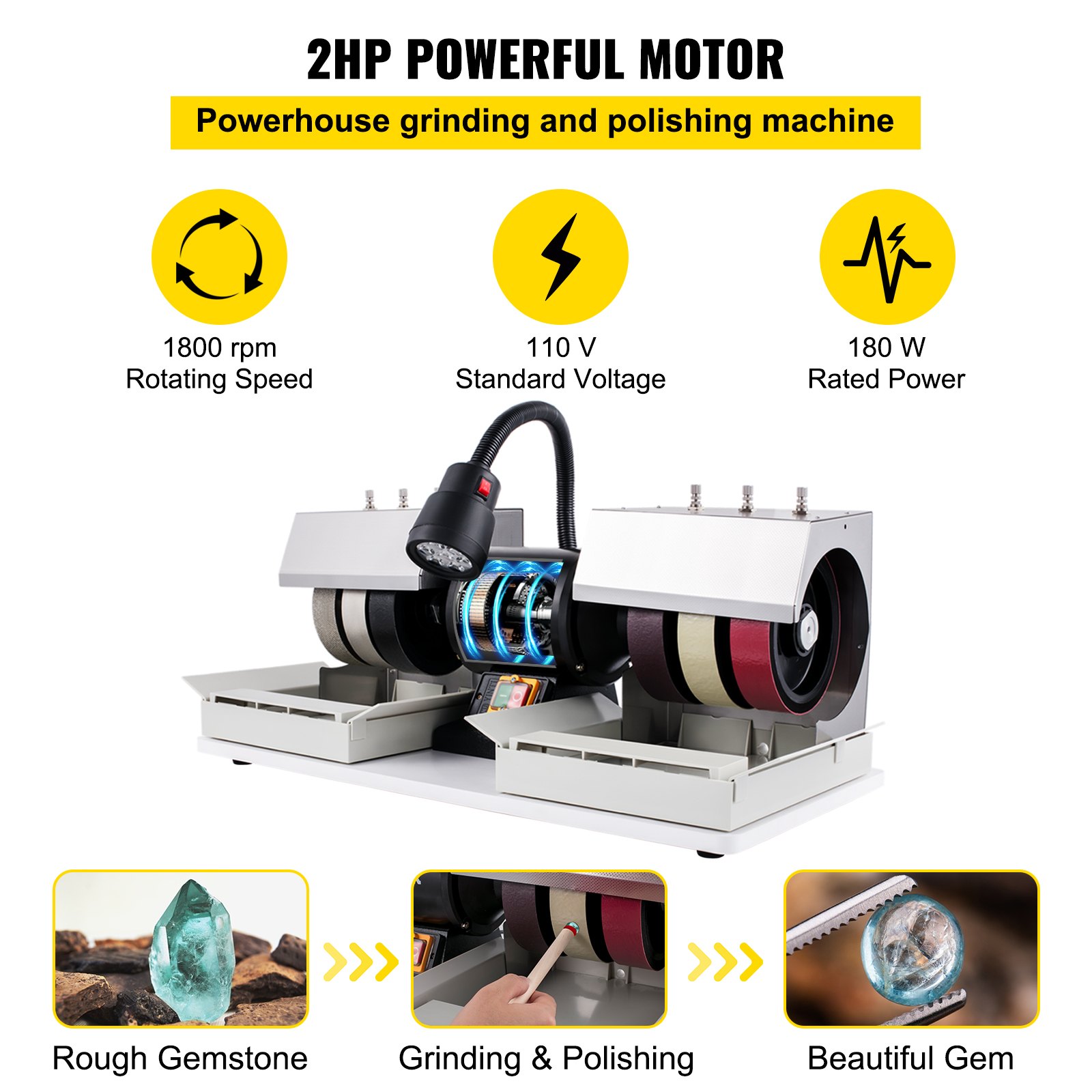 VEVOR 6" Cabbing Machine, 180W, 110V Lapidary Rock Grinder Polisher W/Lamp & Water Pump, Gem Faceting Machine, 1800RPM Rock Grinding Machine for Gem Jade Stone, Create Cabochons for Necklaces
