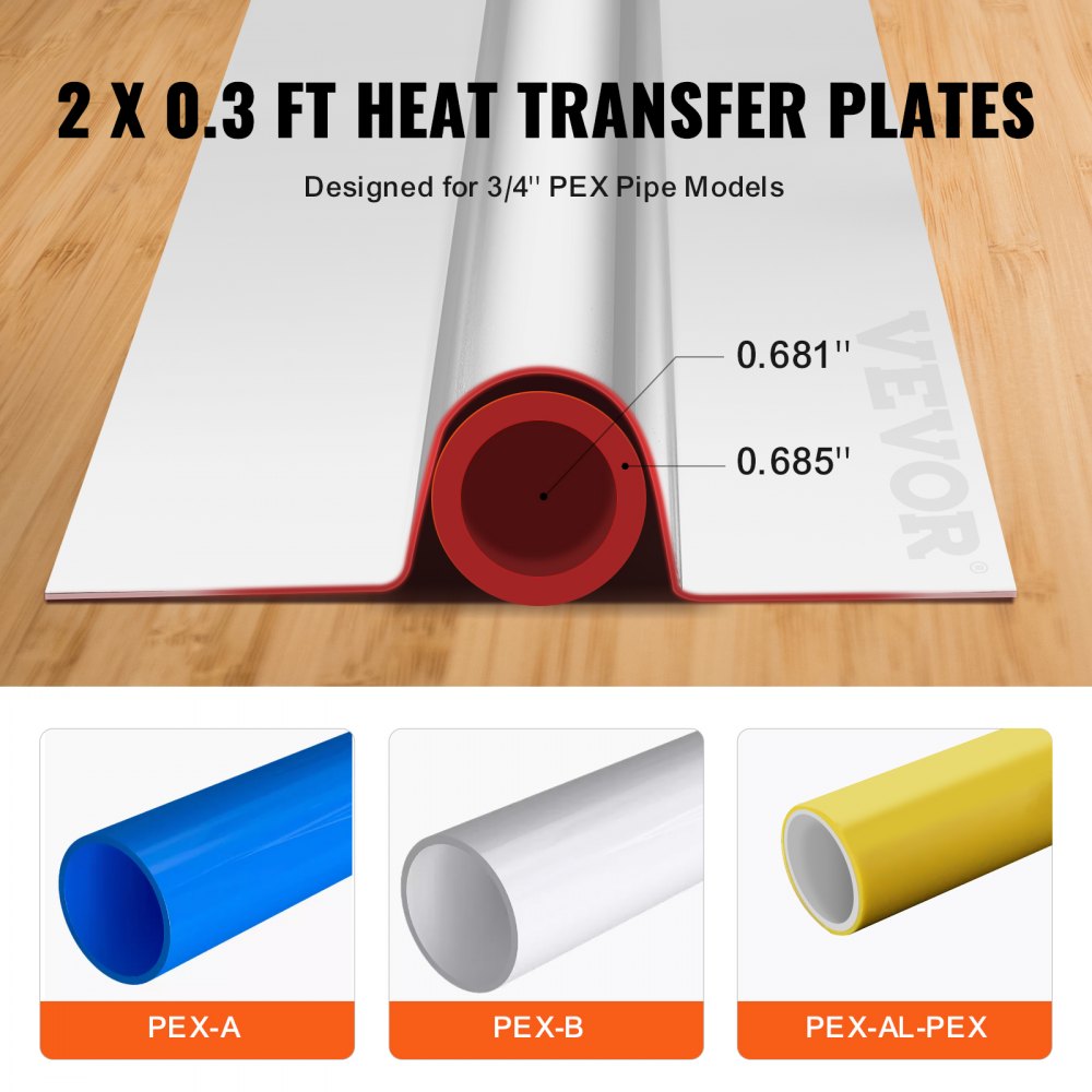 VEVOR PEX Heat Transfer Plates 2 ft, Radiant Heat Plates for 3/4" PEX Pipe, Durable Aluminum & Easy Trimming and Install Underfloor Heat Tubing Plates, Perfect for Wooden Floors (200pcs)