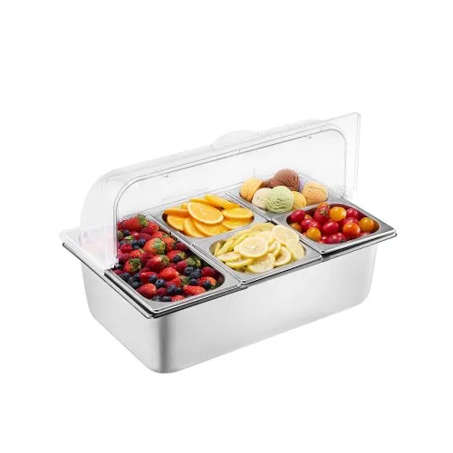 VEVOR Countertop Food Serving Display Container, 5 Pan Stainless Steel Food Serving Tray, Buffet Condiment Dispenser Display Rack with Clear Lid & 3 Freezer Boxes, for Restaurant Hotel Kitchen Party