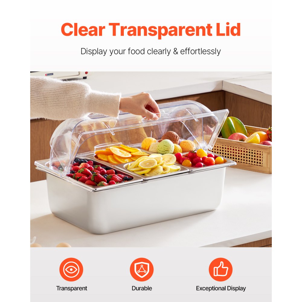VEVOR Countertop Food Serving Display Container, 5 Pan Stainless Steel Food Serving Tray, Buffet Condiment Dispenser Display Rack with Clear Lid & 3 Freezer Boxes, for Restaurant Hotel Kitchen Party