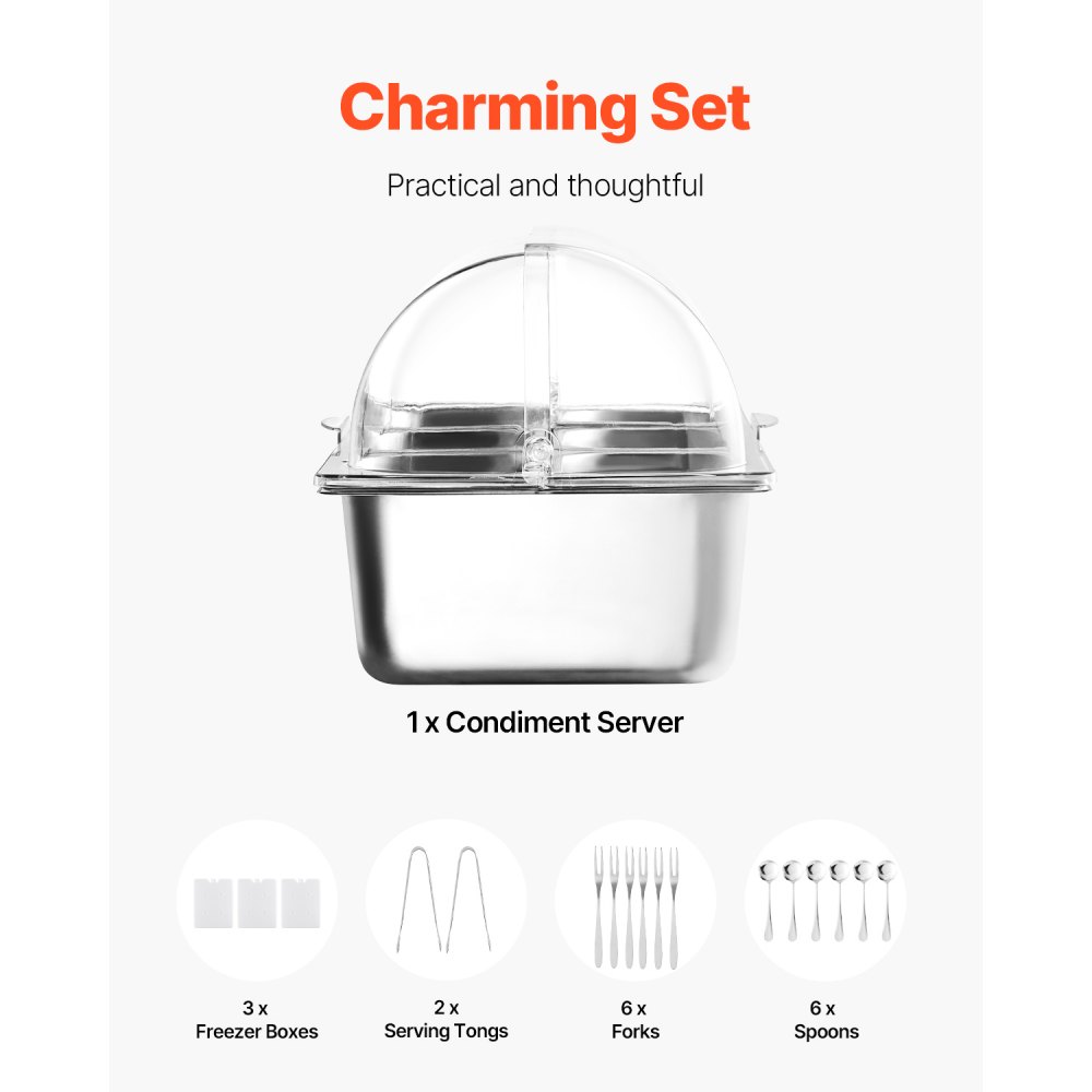 VEVOR Countertop Food Serving Display Container, 5 Pan Stainless Steel Food Serving Tray, Buffet Condiment Dispenser Display Rack with Clear Lid & 3 Freezer Boxes, for Restaurant Hotel Kitchen Party