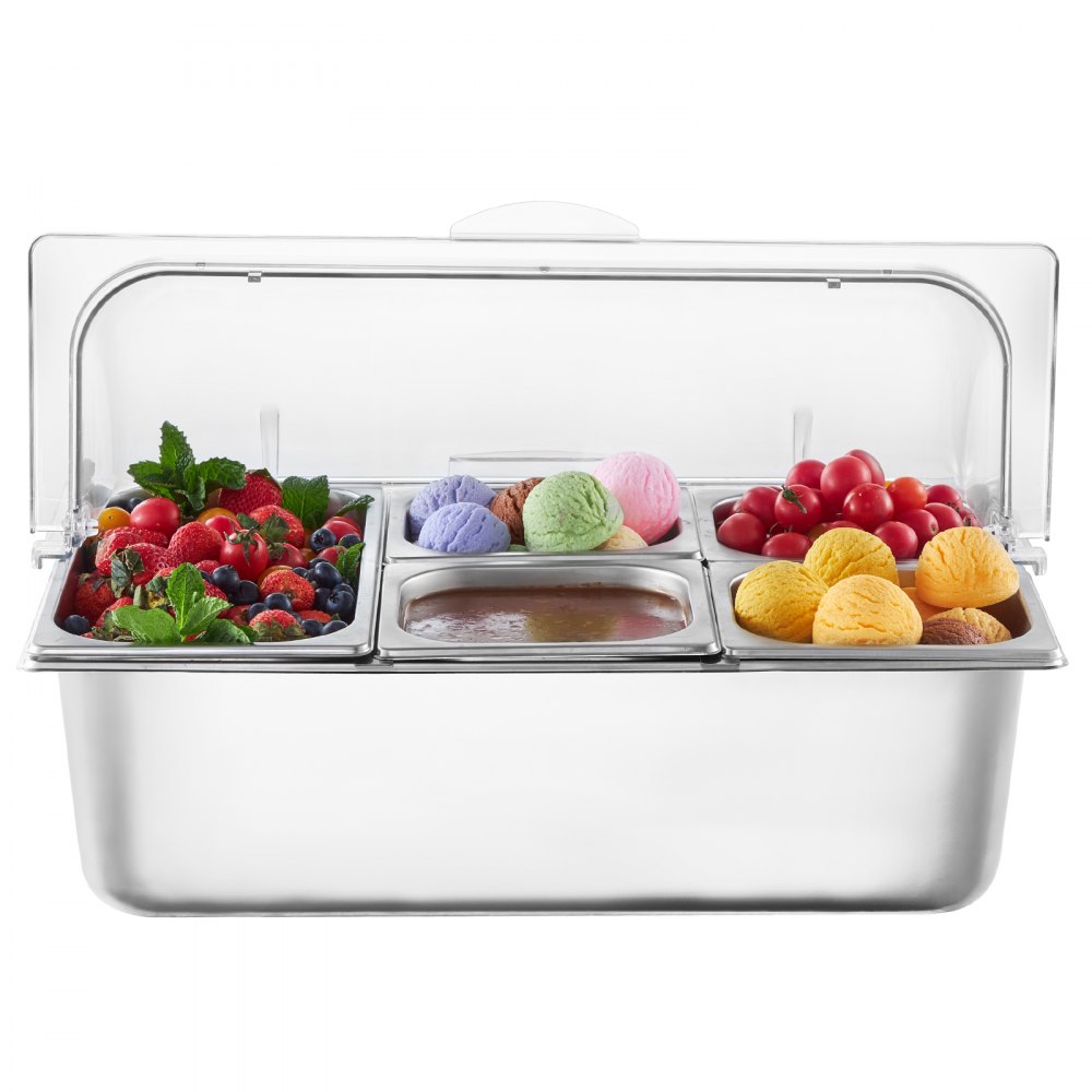 VEVOR Countertop Food Serving Display Container, 5 Pan Stainless Steel Food Serving Tray, Buffet Condiment Dispenser Display Rack with Clear Lid & 3 Freezer Boxes, for Restaurant Hotel Kitchen Party