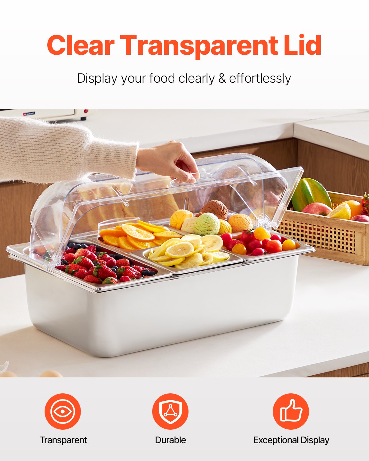 VEVOR Countertop Food Serving Display Container, 5 Pan Stainless Steel Food Serving Tray, Buffet Condiment Dispenser Display Rack with Clear Lid & 3 Freezer Boxes, for Restaurant Hotel Kitchen Party