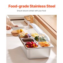 Countertop Food Serving Display Container 6 Pan Condiment Dispenser with Lid