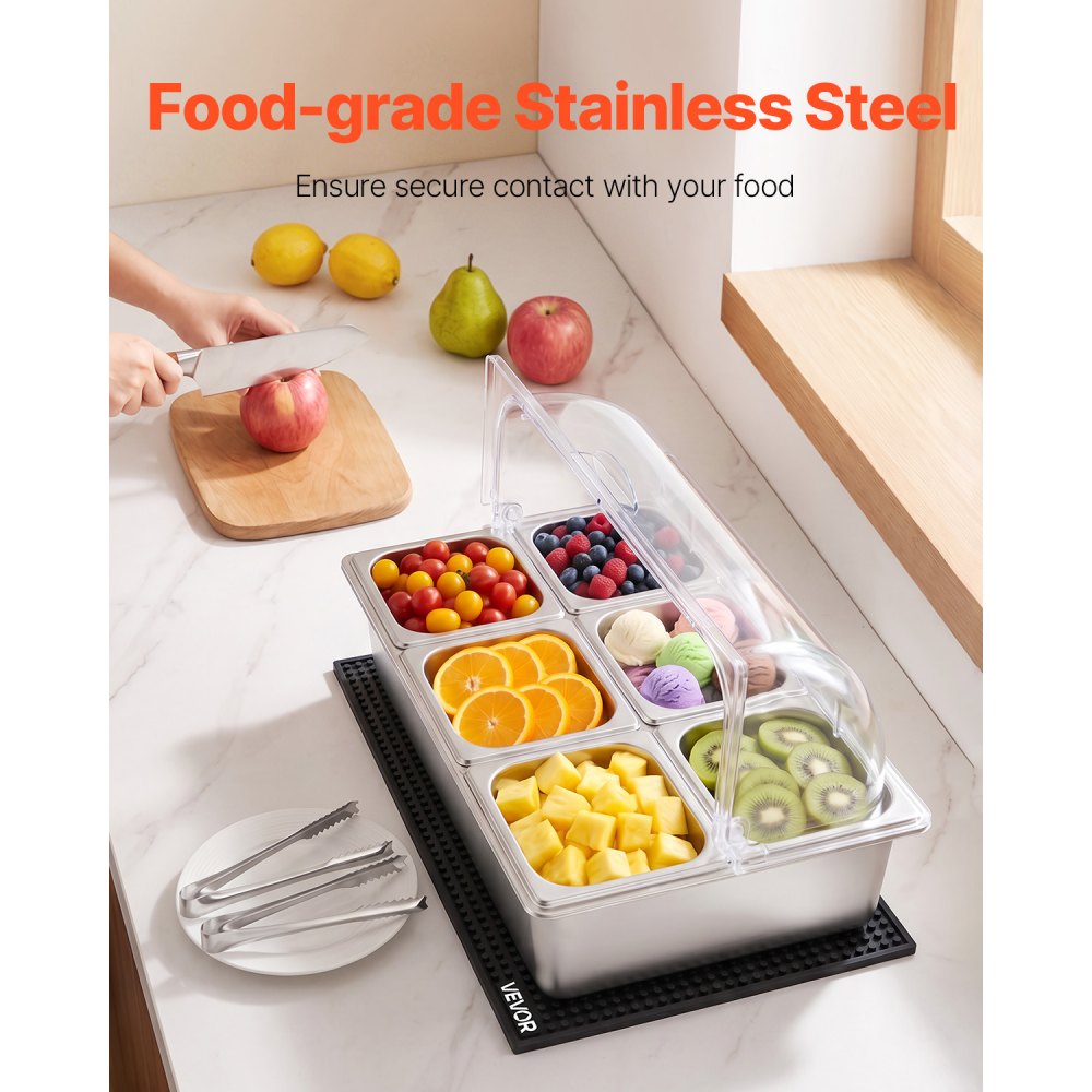 VEVOR Countertop Food Serving Display Container, Stainless Steel Food Salad Server Tray, Buffet Condiment Dispenser, Ice Cooled Rack with Clear Roll Top Cover, for Restaurant Hotel (6x1/6 Pan x2)